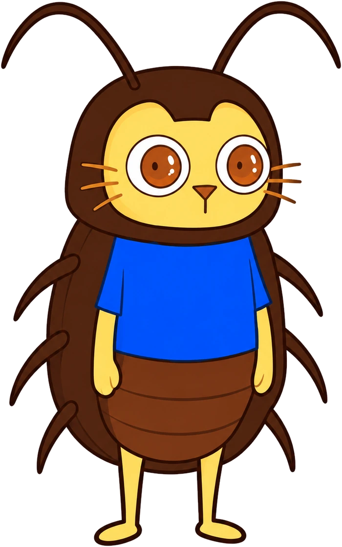 Roach — a yellow cat in a cockroach costume and a blue t-shirt